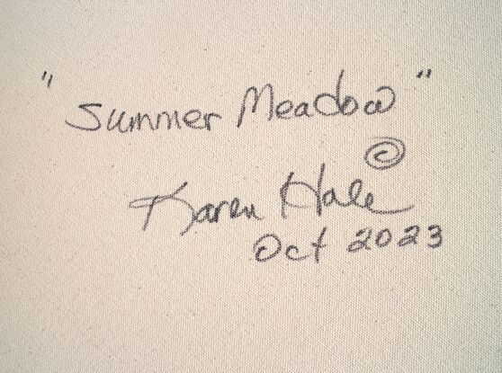 This painting is done in an impressionist style with the suggestion of flowers in the meadow. Karen has captured the beauty of the natural world in vivid color from delicate wildflowers in the foreground to the majestic trees in the background.. The painting evokes a sense of peace and tranquility. There are many layers of acrylic paint and washes that give the piece nuance, depth and interest. 