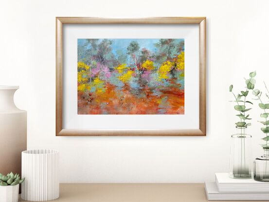 Small, bright landscape painting by Victoria Collins of wattle and bushland done in cheerful citrus tones with aqua and magenta. 