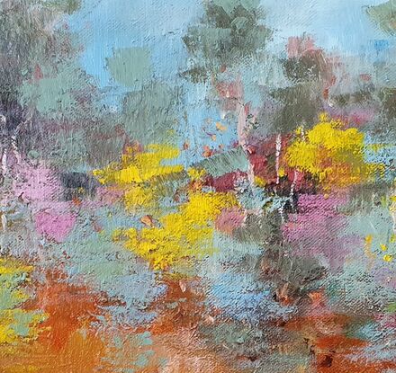 Small, bright landscape painting by Victoria Collins of wattle and bushland done in cheerful citrus tones with aqua and magenta. 