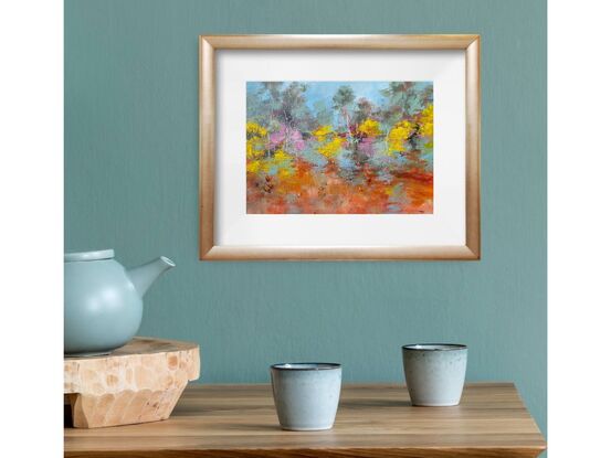 Small, bright landscape painting by Victoria Collins of wattle and bushland done in cheerful citrus tones with aqua and magenta. 