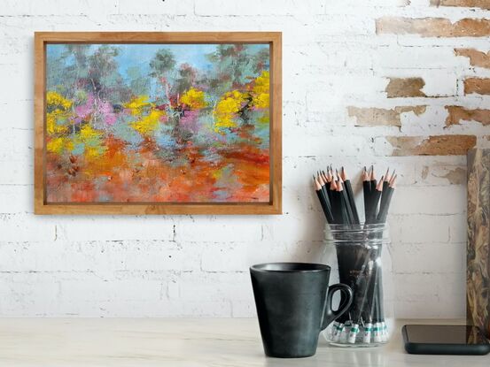 Small, bright landscape painting by Victoria Collins of wattle and bushland done in cheerful citrus tones with aqua and magenta. 