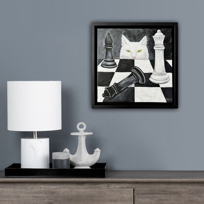 White Cat Purrfect Strategy original painting by Irina Redine.  White cat and Chess board one of a kind artwork, framed and ready to hang, gift idea