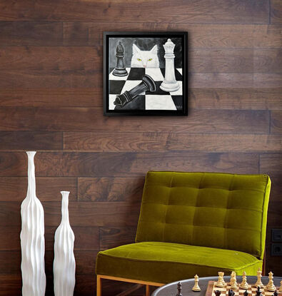 White Cat Purrfect Strategy original painting by Irina Redine.  White cat and Chess board one of a kind artwork, framed and ready to hang, gift idea