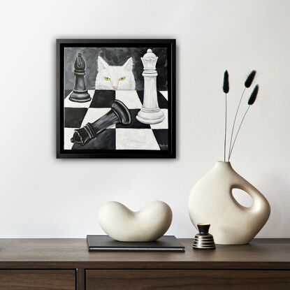 White Cat Purrfect Strategy original painting by Irina Redine.  White cat and Chess board one of a kind artwork, framed and ready to hang, gift idea