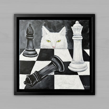 White Cat Purrfect Strategy original painting by Irina Redine.  White cat and Chess board one of a kind artwork, framed and ready to hang, gift idea