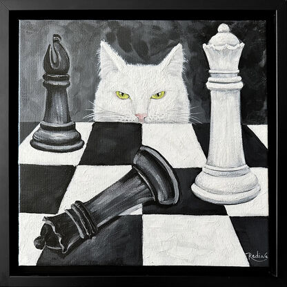 White Cat Purrfect Strategy original painting by Irina Redine.  White cat and Chess board one of a kind artwork, framed and ready to hang, gift idea