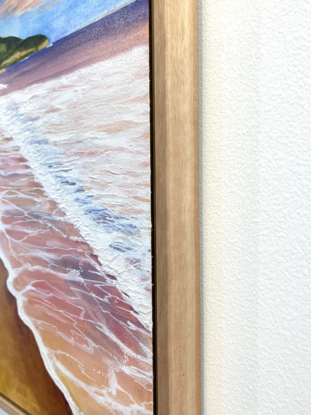 beachscape painting at sunset with footprints in the sand