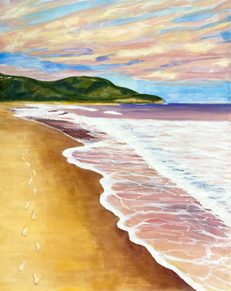 beachscape painting at sunset with footprints in the sand