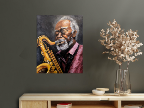 Portrait painting about a saxophonist who enjoys playing music with 