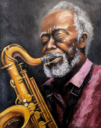 Portrait painting about a saxophonist who enjoys playing music with 