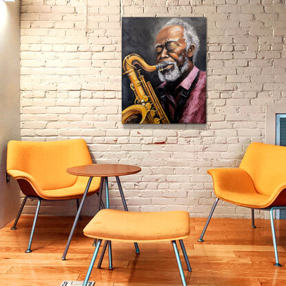 Portrait painting about a saxophonist who enjoys playing music with 