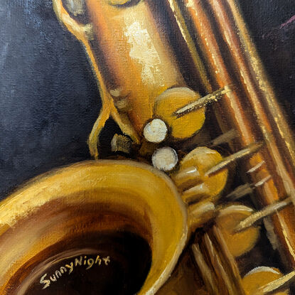 Portrait painting about a saxophonist who enjoys playing music with 