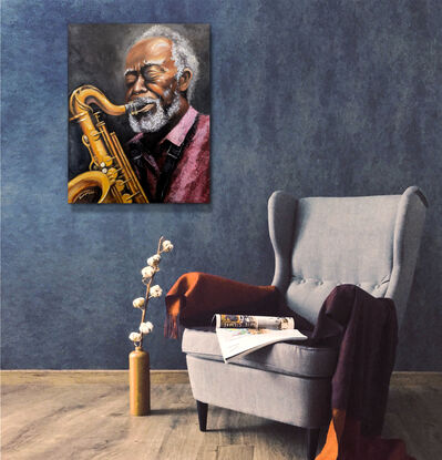 Portrait painting about a saxophonist who enjoys playing music with 