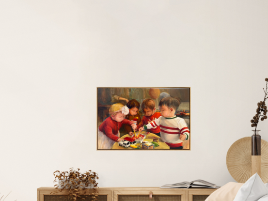 Four children dressing for Christmas and standing together to have strawberries that are in a kitty bowl on the table.