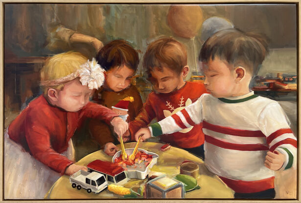 Four children dressing for Christmas and standing together to have strawberries that are in a kitty bowl on the table.