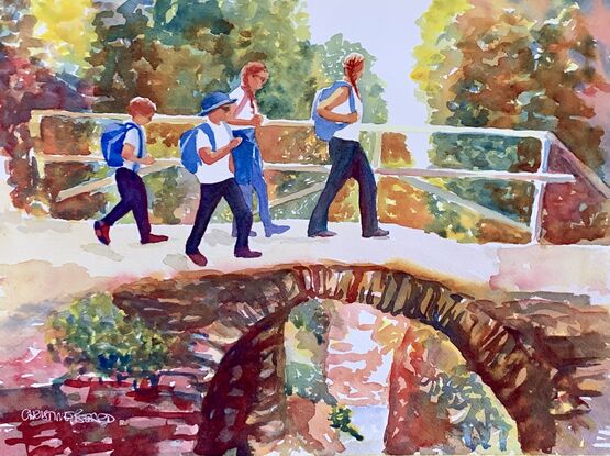 Children walk along stone arched bridge.