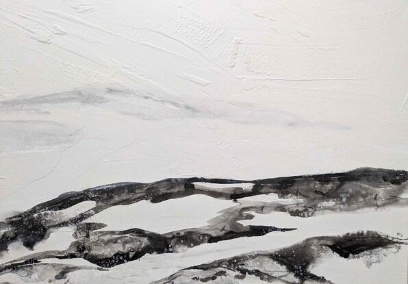 A black and white abstract landscape of mountains and fjords in Iceland