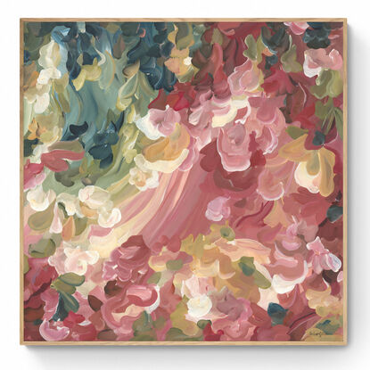 large modern red, pink and olive green abstract floral expressionist style landscape canvas art print