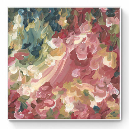 large modern red, pink and olive green abstract floral expressionist style landscape canvas art print