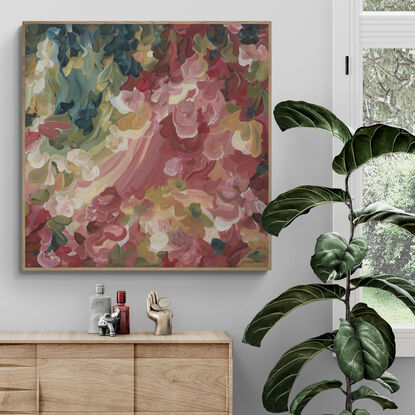 large modern red, pink and olive green abstract floral expressionist style landscape canvas art print