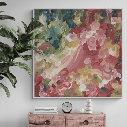 large modern red, pink and olive green abstract floral expressionist style landscape canvas art print