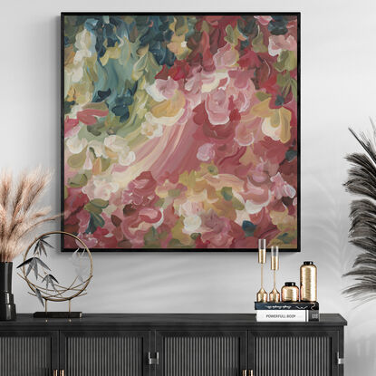 large modern red, pink and olive green abstract floral expressionist style landscape canvas art print