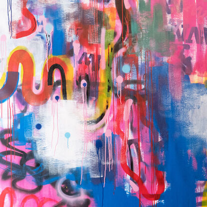 Bright colours contrasting a raw canvas, translucent paint overlapping stencil work.  There is a level of abstraction that contrasts the flowing beauty of the painting. There is a playful youthfulness as the colour pallet is bright and doesn't confirm to trends. Primary colurs boldly feature across the canvas. The words trade mark TM are sprayed with spray paint across the bottom left corner as a nod to the collaboration between fashion label MW and the work itself. 