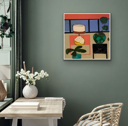 Carolyn Jane's "The Living Room 2" is a vivacious and playful abstract work that will breathe life and vibrancy into any space. With a palette that includes the bright hues of watermelon, sky blue,  jade, black and a hint of natural green and white, this artwork is a wonderful  controlled mix of colors. The quirky and oversimplified forms of furniture in this piece draw the viewer into a realm where the living room is a delightful  surprise.

This gorgoeus smaller sized work packs a punch, making it an ideal choice for smaller spaces seeking an infusion of energy and creativity. "The Living Room 2" is a visual delight that will help transform the atmosphere of any room it adorns, infusing it with a fresh and bright aura. 

The canvas is a one off original piece and comes with d rings and wire ready to hang. The piece is UNFRAMED. Sides are are painted in a crisp white to set off the artwork. The work is created in acrylic.  All work has been sealed and varnished for protection.