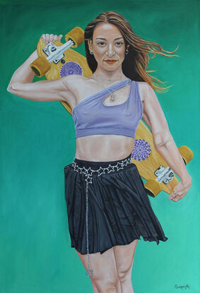 A dynamic portrait captures the spirit of a South American girl who embraces the world of skateboarding. With her right hand gripping the top and her left hand clutching the bottom, she proudly carries a skateboard on her back. Her attire, including a necklace, a snug shirt, and shorts, reflects a fusion of street style and outdoor enthusiasm. Her flowing hair, caught in mid-air, symbolizes the thrill of movement and spontaneity.