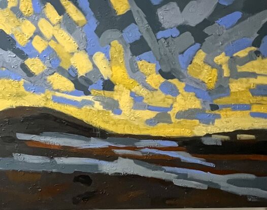 Abstracted painting of sunrise over Cornwall, UK.  This work is heavily textured.