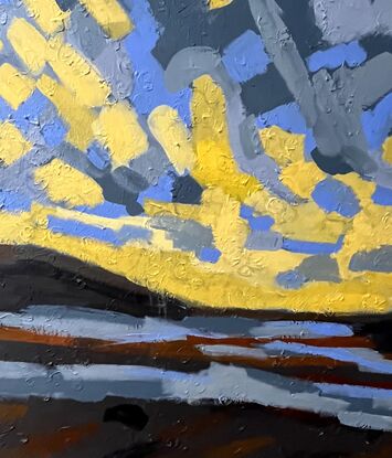 Abstracted painting of sunrise over Cornwall, UK.  This work is heavily textured.