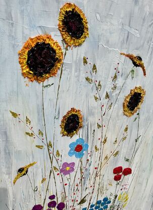 Whimsical Happy Textured Sunflowers in light blue sky setting