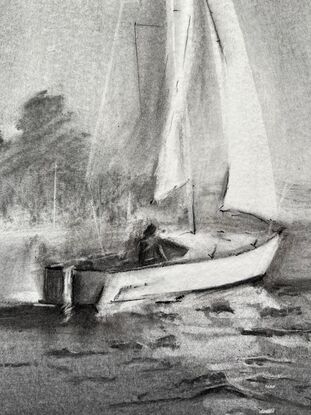 charcoal drawing  features a sail boat on Georges River.