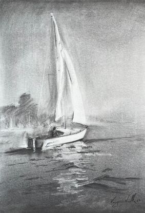 charcoal drawing  features a sail boat on Georges River.