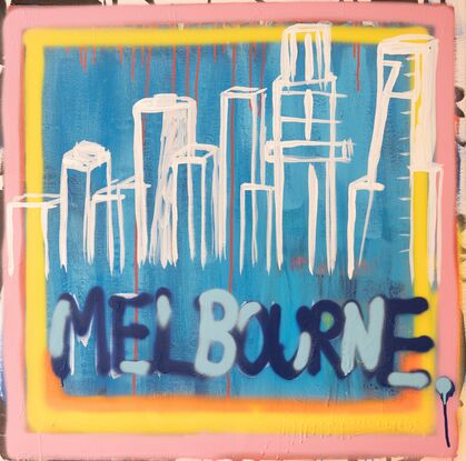 Bold text: MELBOURNE, semi abstract outlined view of the Melbourne skyline. Bright bold blue, pink and yellow. Fun, vibrant and playful. Resonating with another nostalgic. 