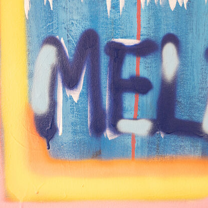 Bold text: MELBOURNE, semi abstract outlined view of the Melbourne skyline. Bright bold blue, pink and yellow. Fun, vibrant and playful. Resonating with another nostalgic. 