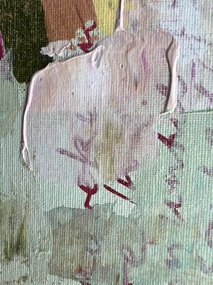 Pale green and pink, layered with text and texture, in a pink timber frame