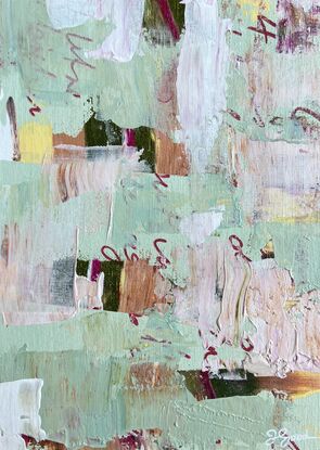 Pale green and pink, layered with text and texture, in a pink timber frame