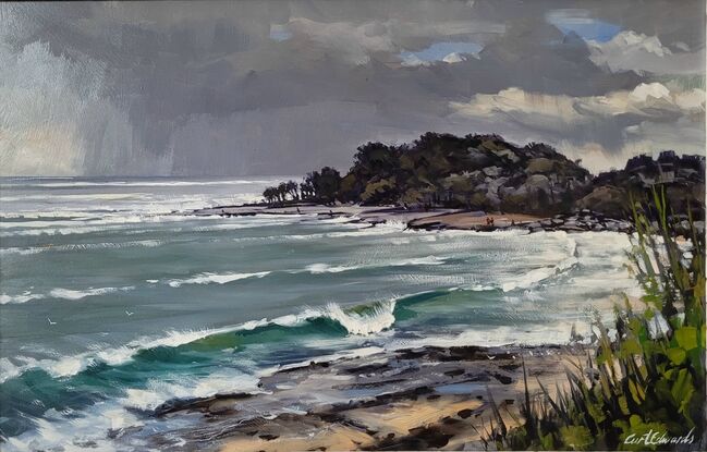 I painted this work on site at Yamba, nth NSW, looking towards Lovers Point as a Summer Shower built up from the east.