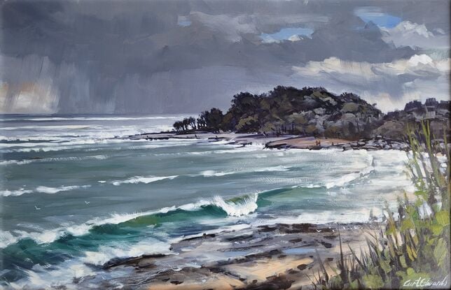 I painted this work on site at Yamba, nth NSW, looking towards Lovers Point as a Summer Shower built up from the east.