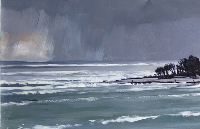 I painted this work on site at Yamba, nth NSW, looking towards Lovers Point as a Summer Shower built up from the east.