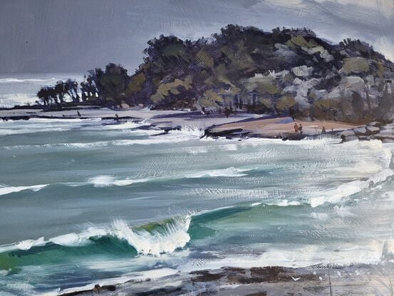 I painted this work on site at Yamba, nth NSW, looking towards Lovers Point as a Summer Shower built up from the east.