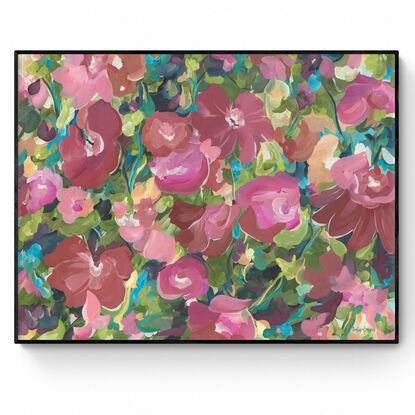 Canvas art print of a large modern red, pink and orange abstract rose flower scene in a garden landscape.