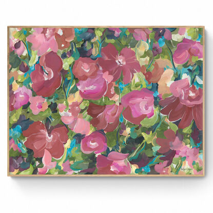 Canvas art print of a large modern red, pink and orange abstract rose flower scene in a garden landscape.