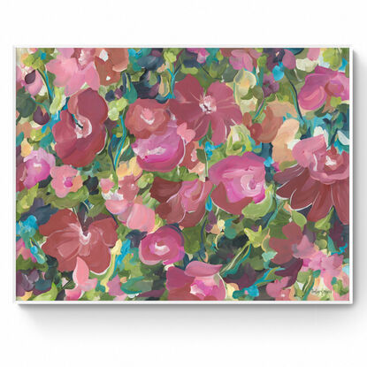 Canvas art print of a large modern red, pink and orange abstract rose flower scene in a garden landscape.