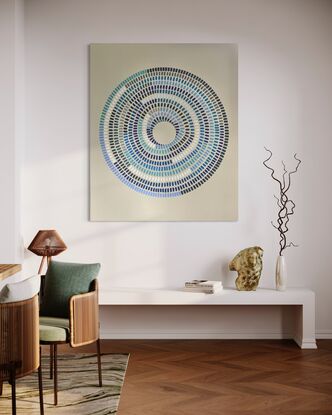 Circular shape made up of various strokes  of colours (blues) going inward on a cream background. Abstract eye. 116cm X 97cm wide 