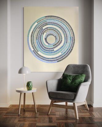 Circular shape made up of various strokes  of colours (blues) going inward on a cream background. Abstract eye. 116cm X 97cm wide 