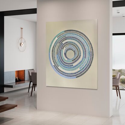 Circular shape made up of various strokes  of colours (blues) going inward on a cream background. Abstract eye. 116cm X 97cm wide 