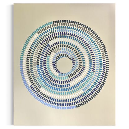 Circular shape made up of various strokes  of colours (blues) going inward on a cream background. Abstract eye. 116cm X 97cm wide 