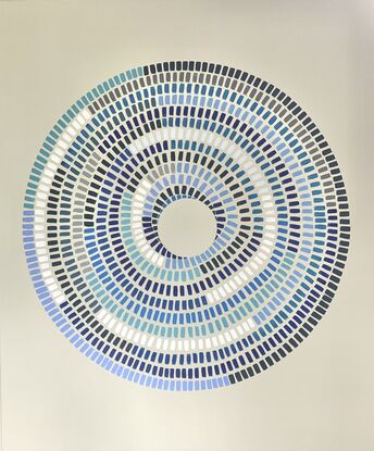 Circular shape made up of various strokes  of colours (blues) going inward on a cream background. Abstract eye. 116cm X 97cm wide 